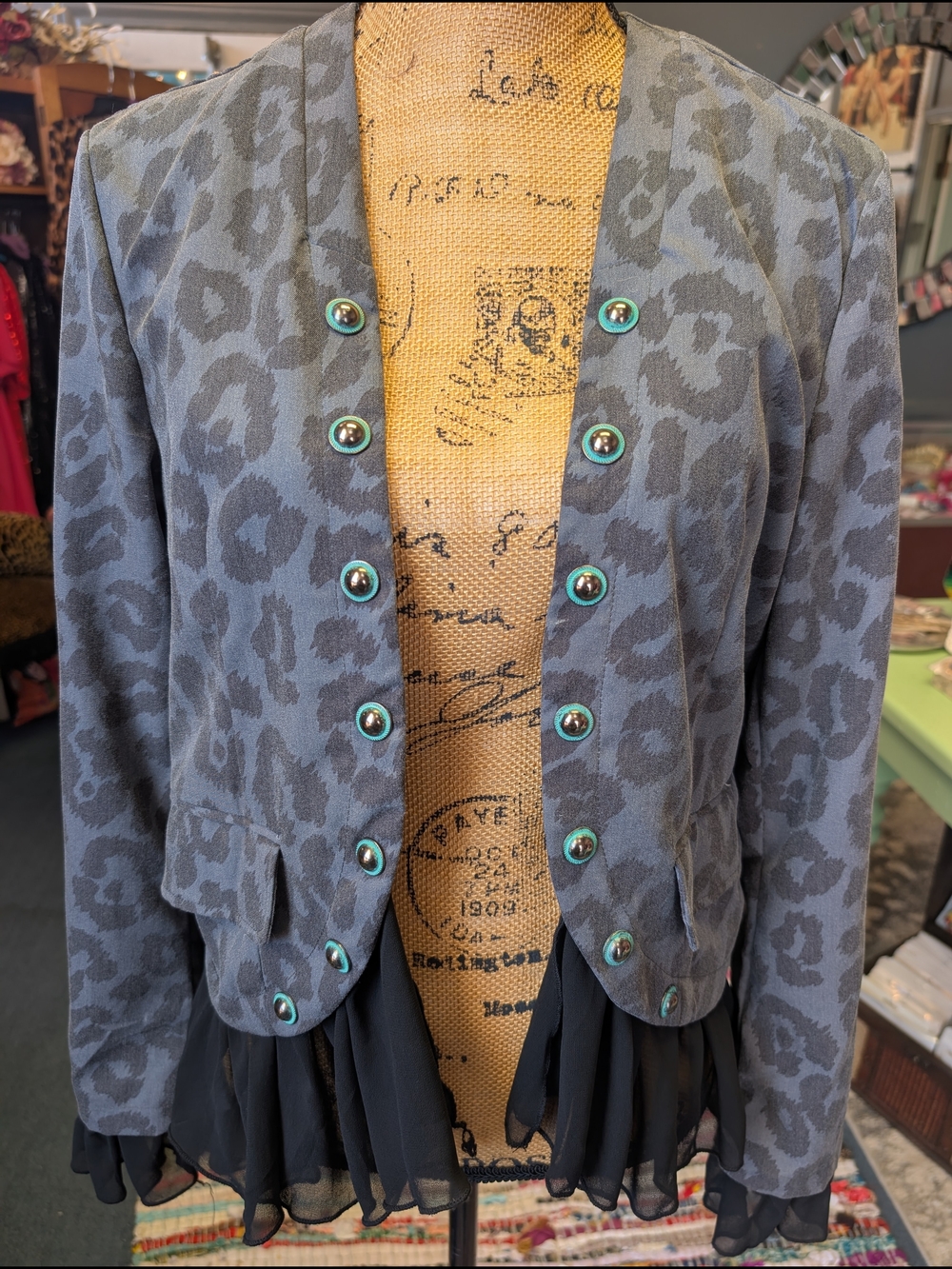 Crazy Train Gray Leopard-Print Blazer with Turquoise-Accent Buttons